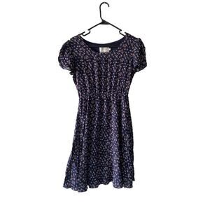 Yellowberry Knee Length Flowy Modest Navy Blue Floral Summer Dress- Size Small